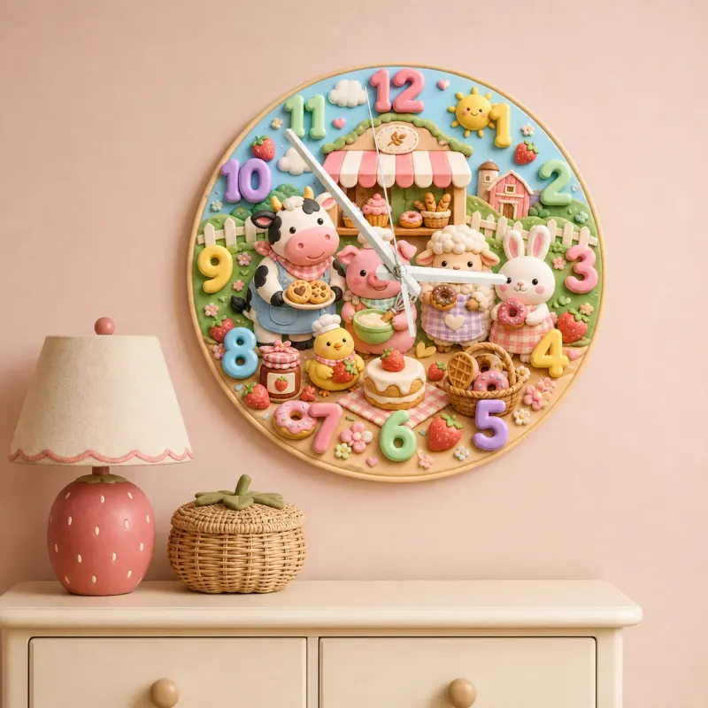 Farm Animals Bakery Kids Room Wall Clock | Barnyard Nursery Decor, Baby Boy Girl Birthday Gift (13.6 inch / 34.5 cm)