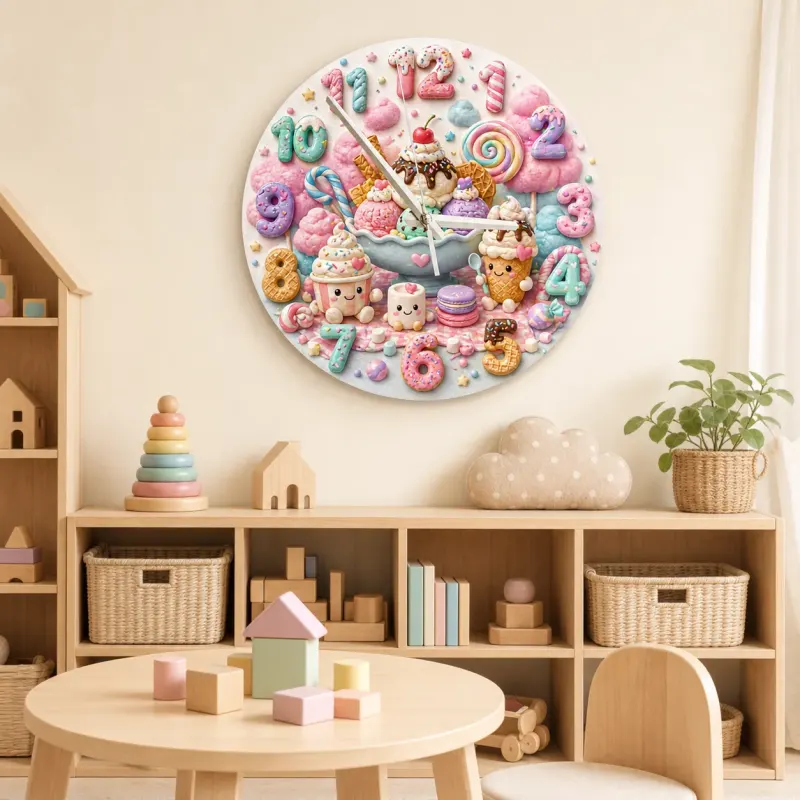 Pastel Candyland Kids Room Wall Clock | Sweet Treats Nursery Decor, Kawaii Ice Cream Girls Playroom Wall Decor Gift (13.6 inch / 34.5 cm)