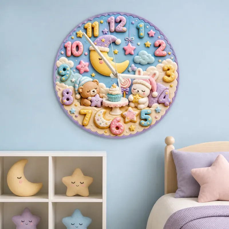 Bedtime Moon Animals Kids Room Wall Clock | Sleepy Bear Bunny Nursery Decor, Sweet Baby Shower Gift (13.6 inch / 34.5 cm)