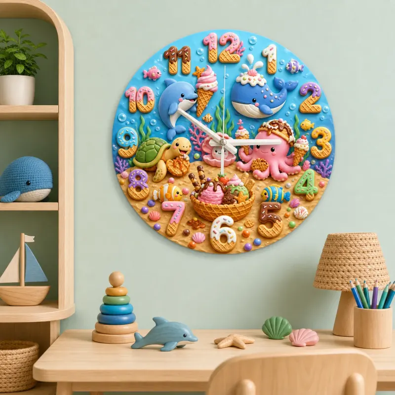 Ocean Animals Dessert Kids Room Wall Clock | Under The Sea Nursery Decor, Baby Boy Girl Birthday Gift (13.6 inch / 34.5 cm)