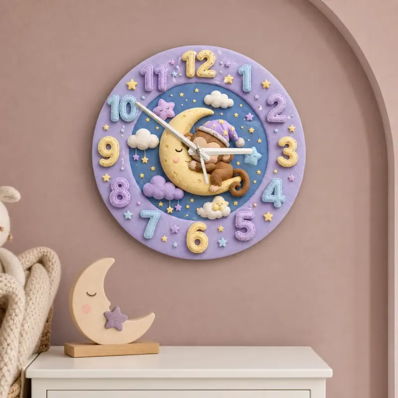 Sleeping Monkey on Moon Kids Room Wall Clock | Pastel Night Sky Nursery Decor, Cute Baby Shower Gift for Newborns (13.6 inch / 34.5 cm)