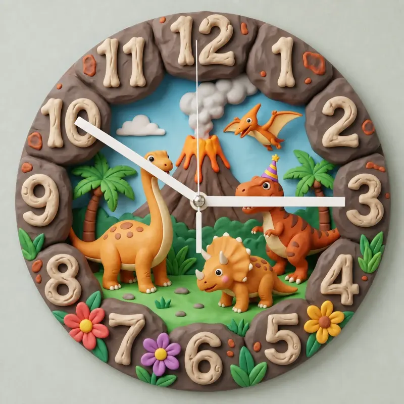 Dinosaur Volcano Kids Room Wall Clock | Prehistoric Jungle Nursery Decor, Little Boy Bedroom Birthday Gift Keepsake (13.6 inch / 34.5 cm)