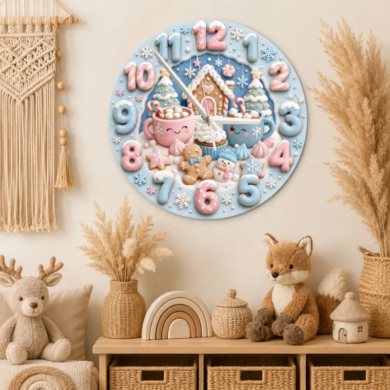 Pastel Winter Gingerbread Kids Room Wall Clock | Cute Hot Cocoa Snowman Nursery Decor, Sweet Holiday Baby Girl Gift (13.6 inch / 34.5 cm)