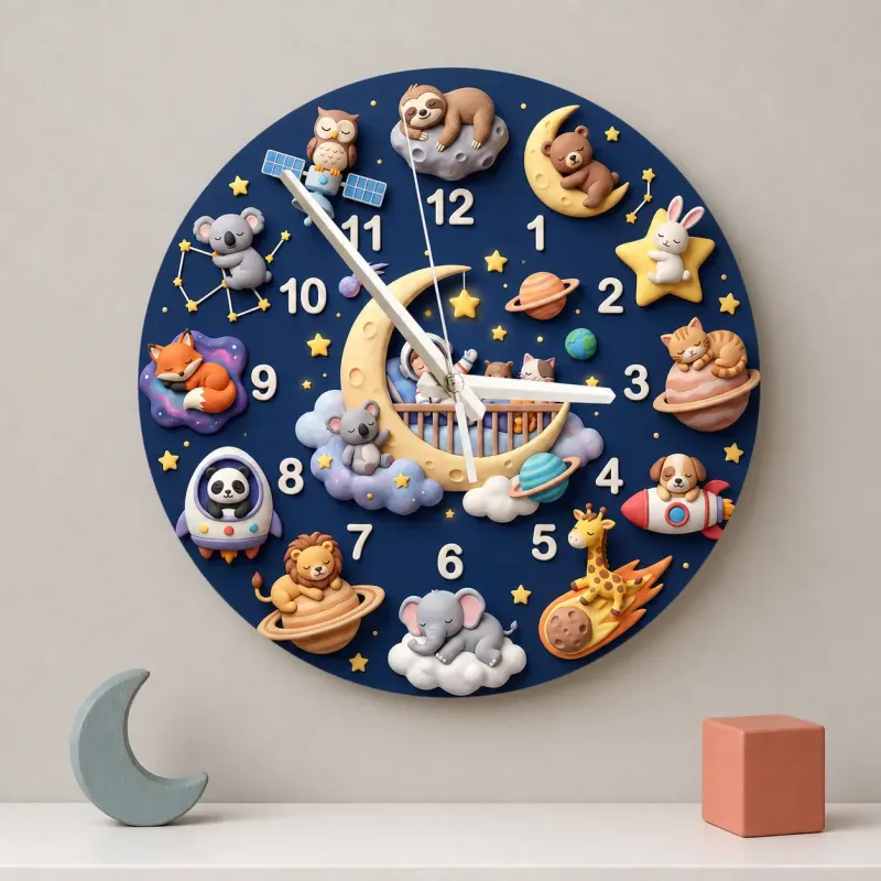 Space Animals & Planets Kids Room Wall Clock | Whimsical Night Sky Nursery Decor, Baby Shower And Birthday Present (13.6 inch / 34.5 cm)