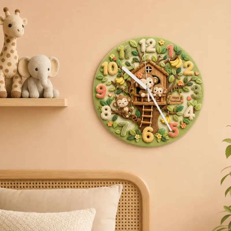 Happy Monkey Treehouse Kids Room Wall Clock | Safari Jungle Nursery Decor, Baby Boy Shower Gift & Wood Playroom Art (13.6 inch / 34.5 cm)