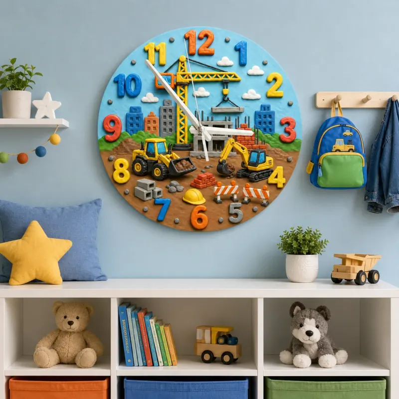 Construction Site Vehicles Kids Room Wall Clock | Boys Nursery Decor, Playroom Wall Art, Perfect Toddler Boy Gift Idea (13.6 inch / 34.5 cm)