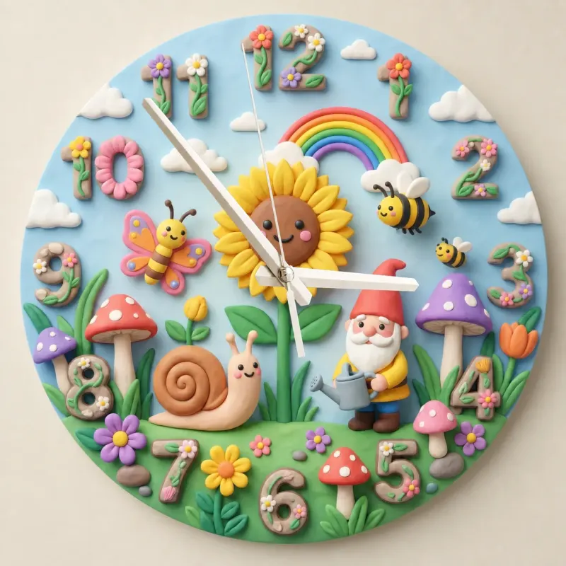 Whimsical Garden Gnome Kids Room Wall Clock | Snail And Sunflower Nursery Decor, Baby Girl Shower Keepsake Present (13.6 inch / 34.5 cm)