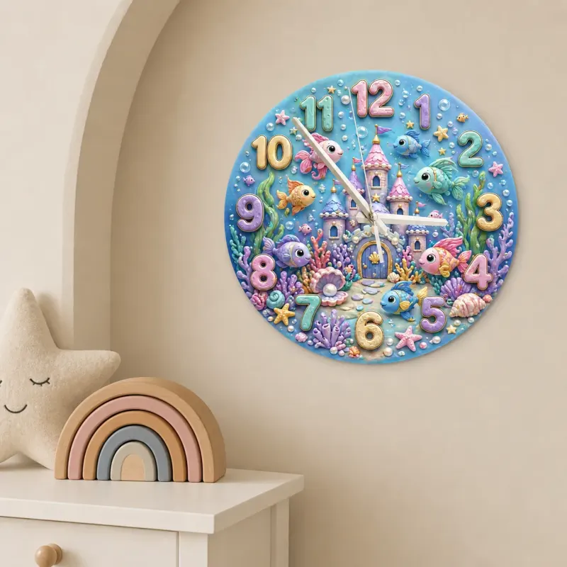 Magical Underwater Castle Kids Room Wall Clock | Pastel Ocean Fish Nursery Decor, Little Girl Bedroom Birthday Gift (13.6 inch / 34.5 cm)