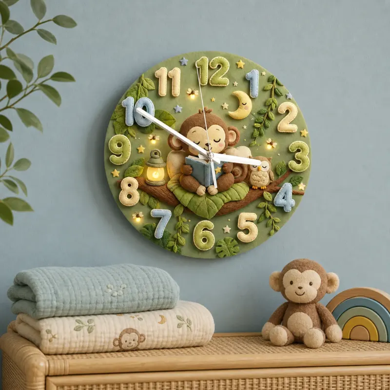 Cute Bedtime Reading Monkey Kids Room Wall Clock | Safari Jungle Nursery Decor, Baby Shower Gift For Boys & Girls (13.6 inch / 34.5 cm)