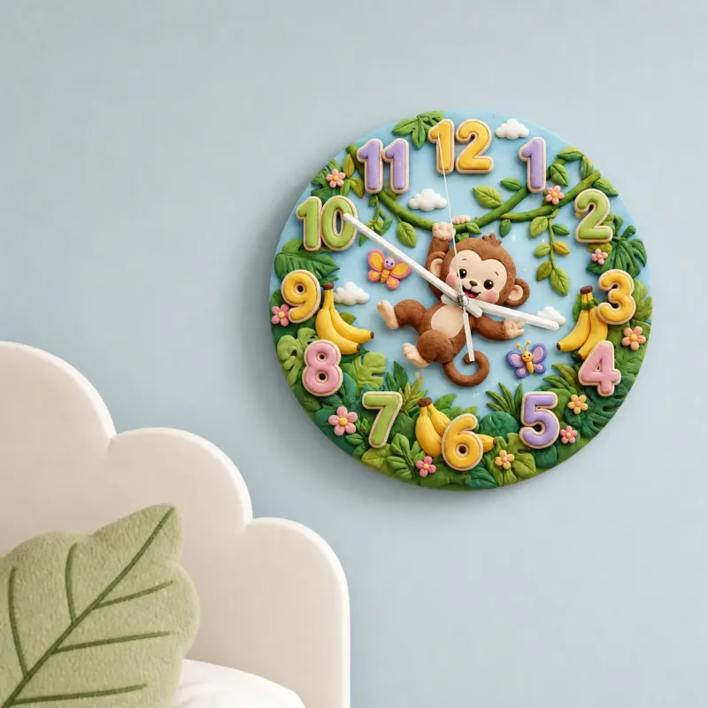 Swinging Safari Monkey Kids Room Wall Clock | Pastel Jungle Nursery Decor, Unique Baby Shower Gift For Boys Or Girls (13.6 inch / 34.5 cm)
