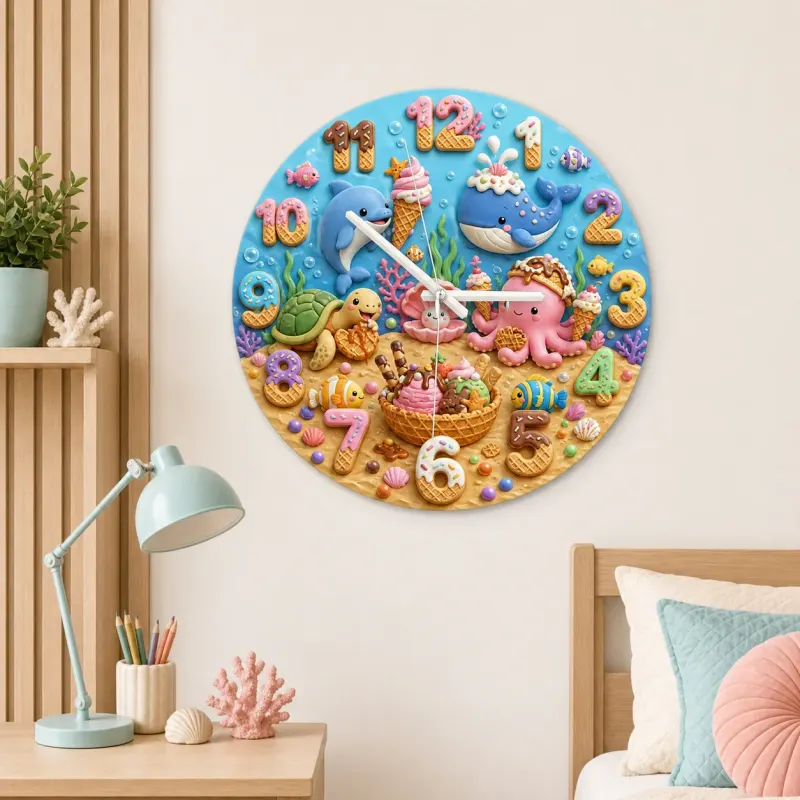 Ocean Animals Dessert Kids Room Wall Clock | Under The Sea Nursery Decor, Baby Boy Girl Birthday Gift (13.6 inch / 34.5 cm)