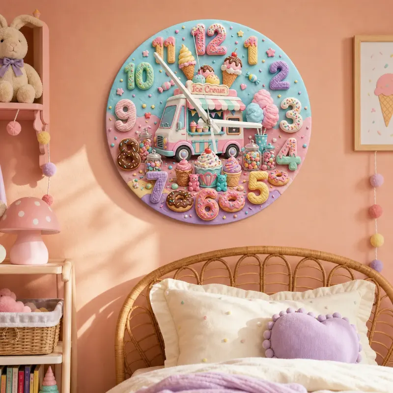 Pastel Ice Cream Truck Kids Room Wall Clock | Sweet Candyland Nursery Wall Decor, Cute Baby Girl Bedroom Birthday Gift (13.6 inch / 34.5 cm)