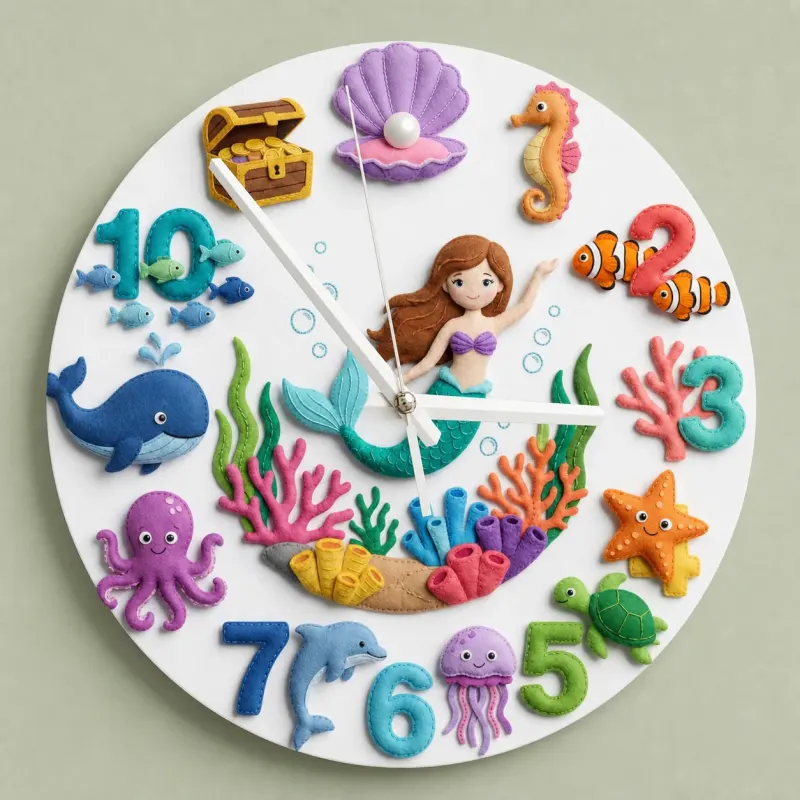 Mermaid Under The Sea Kids Room Wall Clock | Cute Ocean Marine Life Nursery Decor, Baby Girl Room Birthday Gift Idea (13.6 inch / 34.5 cm)