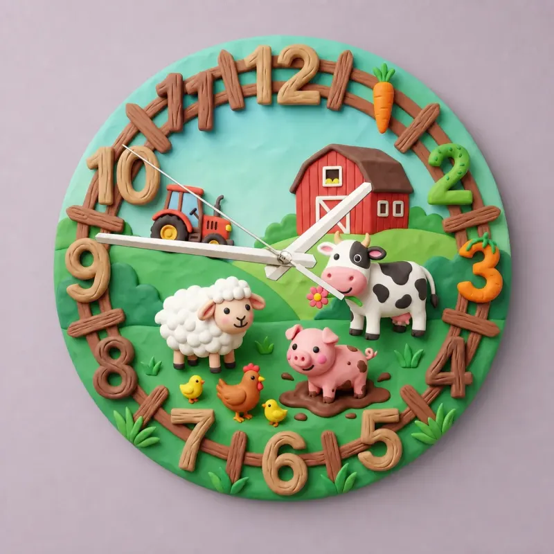 Farm Animals Barnyard Kids Room Wall Clock | Cute Red Tractor Nursery Decor, Unique Baby Boy Shower Gift Keepsake (13.6 inch / 34.5 cm)
