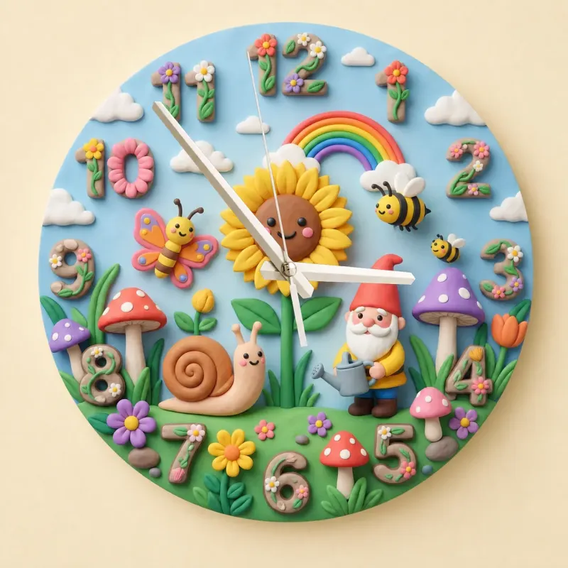 Whimsical Garden Gnome Kids Room Wall Clock | Snail And Sunflower Nursery Decor, Baby Girl Shower Keepsake Present (13.6 inch / 34.5 cm)