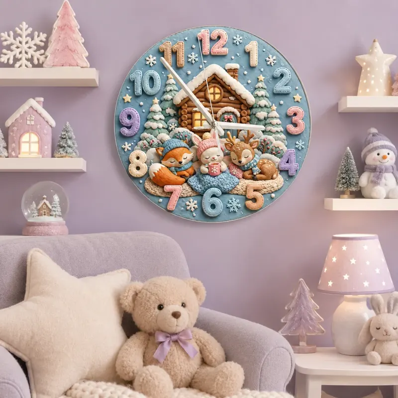 Cozy Winter Woodland Animals Kids Room Wall Clock | Snowy Cabin Nursery Decor, Baby Shower Gift For Girls And Boys (13.6 inch / 34.5 cm)