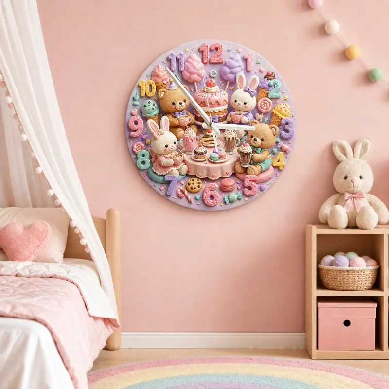 Pastel Teddy Bear & Bunny Sweet Treats Tea Party Kids Room Wall Clock | Kawaii Nursery Decor, Little Girls Room Gift (13.6 inch / 34.5 cm)