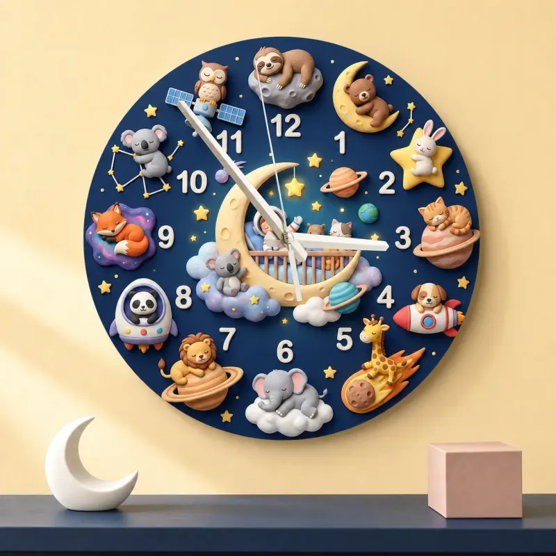 Space Animals & Planets Kids Room Wall Clock | Whimsical Night Sky Nursery Decor, Baby Shower And Birthday Present (13.6 inch / 34.5 cm)