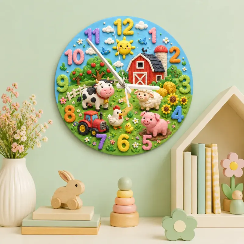 Farm Animals Barnyard Kids Room Wall Clock | Red Tractor Nursery Decor, Baby Boy Shower Gift & Playroom Keepsake Art (13.6 inch / 34.5 cm)