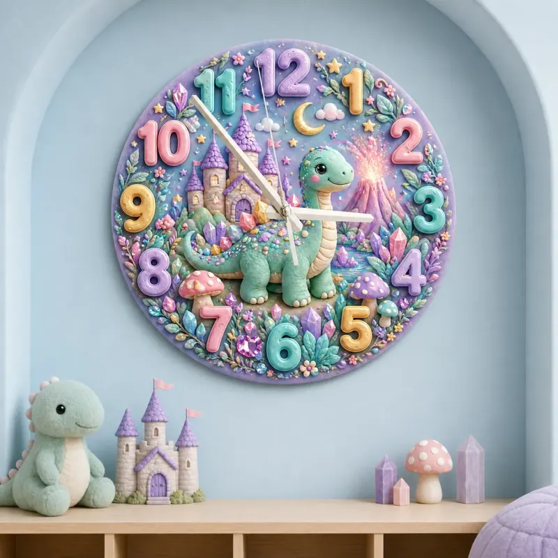 Magical Pastel Dinosaur Kids Room Wall Clock
