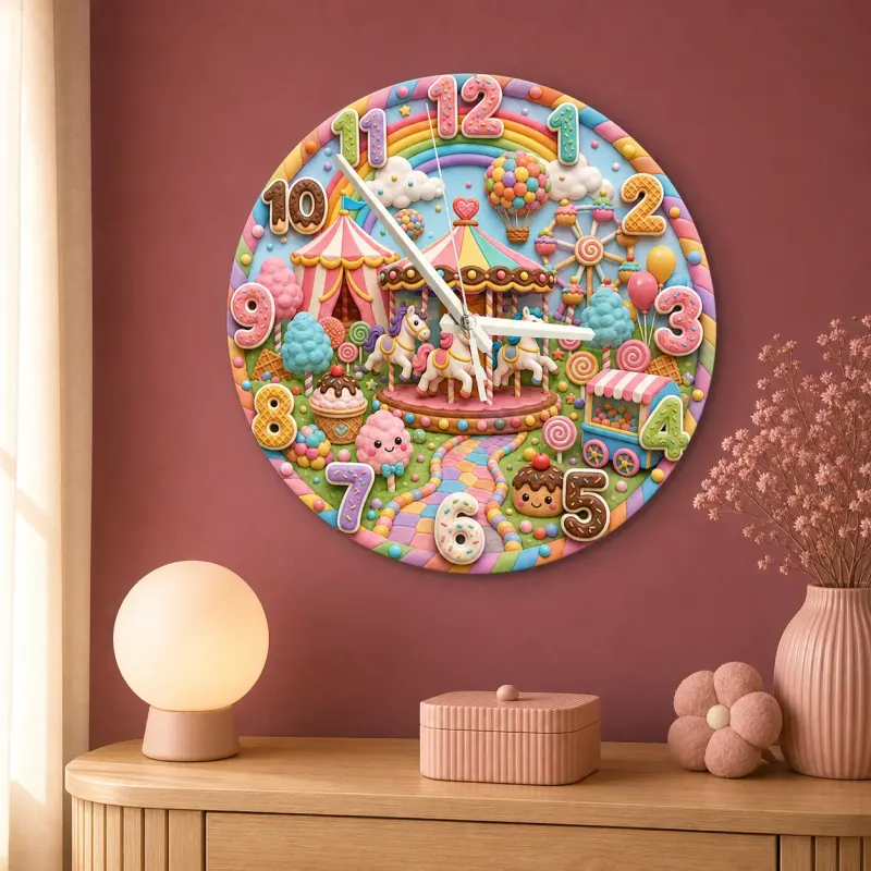 Candy Carnival Carousel Kids Room Wall Clock | Rainbow Nursery Decor, Sweet Little Girl Birthday Gift (13.6 inch / 34.5 cm)