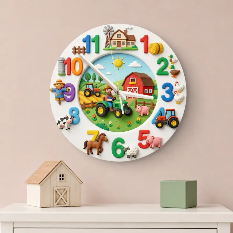 Farm Animals Tractor Kids Room Wall Clock | Barnyard Nursery Decor, Little Boy Playroom Wall Art & Birthday Keepsake (13.6 inch / 34.5 cm)