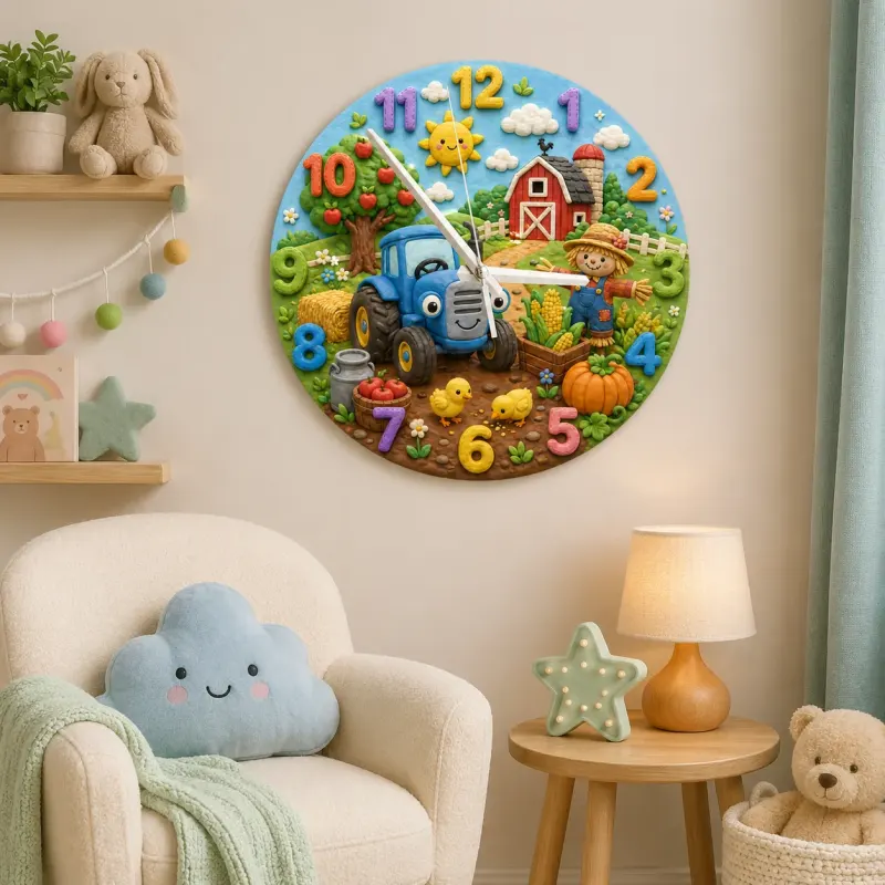 Blue Tractor Farm Kids Room Wall Clock | Barnyard Scarecrow Nursery Art Decor, Little Boy Birthday Baby Shower Gift (13.6 inch / 34.5 cm)