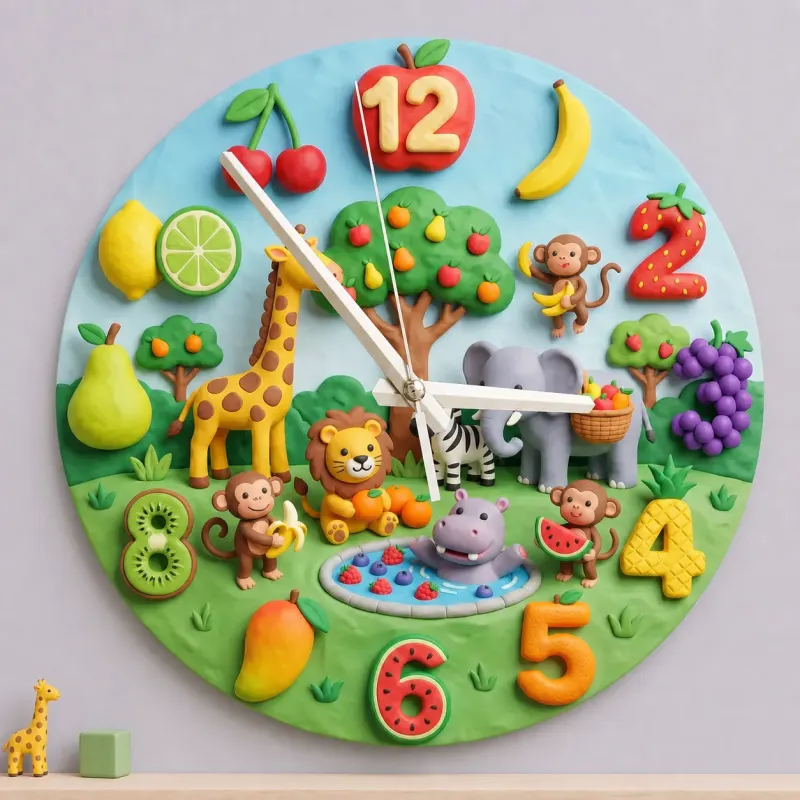 Safari Animals and Fruits Kids Room Wall Clock