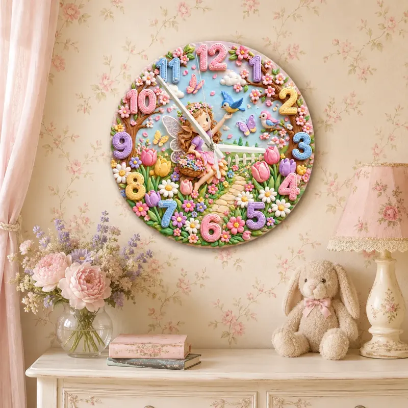 Whimsical Fairy Garden Kids Room Wall Clock | Pastel Floral Nursery Decor, Magical Little Girls Bedroom Decor Gift (13.6 inch / 34.5 cm)