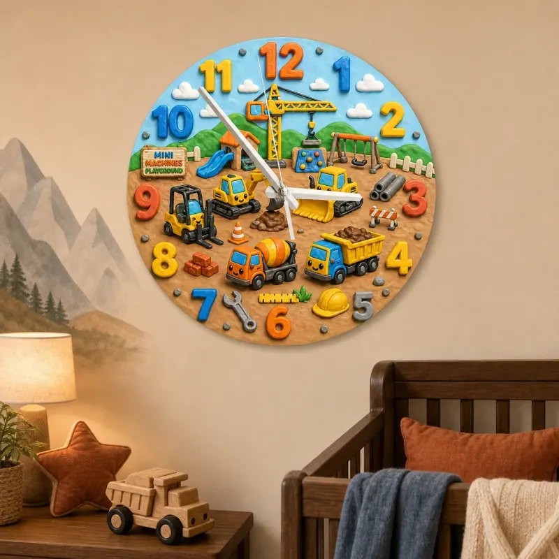 Construction Trucks Playground Kids Room Wall Clock | Boys Nursery Decor, Little Builder Toddler Birthday Gift Idea (13.6 inch / 34.5 cm)