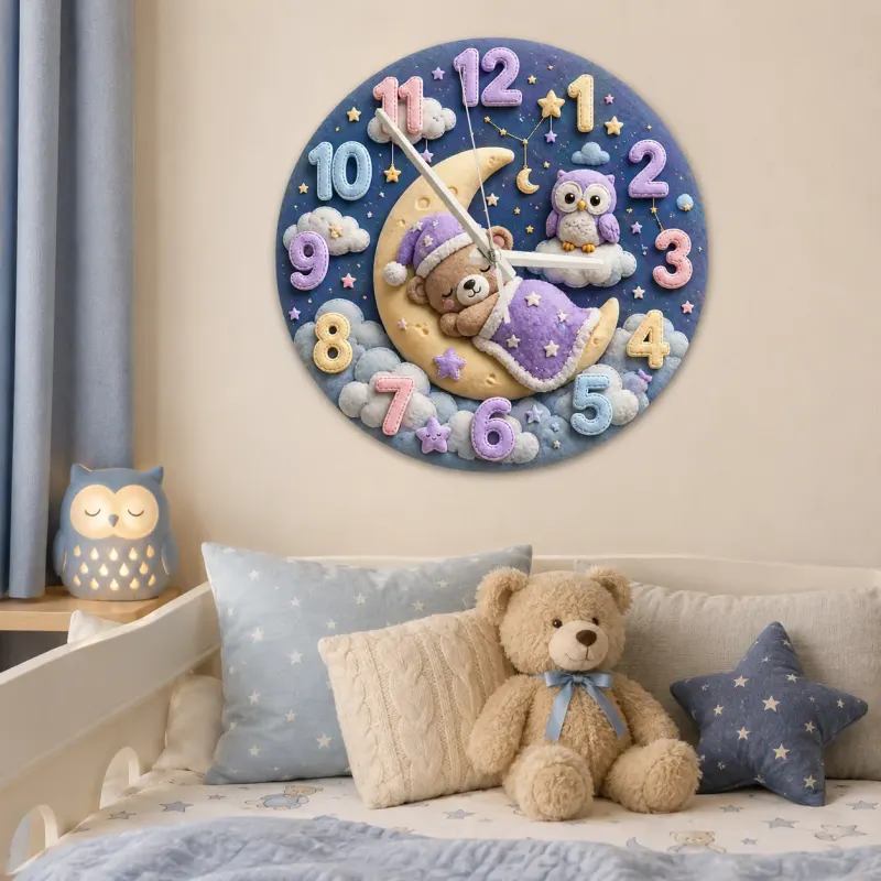 Sleeping Bear and Owl Kids Room Wall Clock | Pastel Starry Night Nursery Decor, Baby Shower Gift For Boys & Girls (13.6 inch / 34.5 cm)