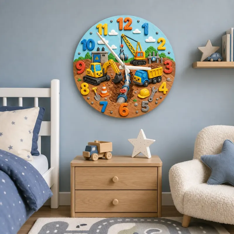 Construction Trucks Kids Room Wall Clock | Cute Excavator Boy Nursery Decor, Toddler Boy Playroom Birthday Keepsake (13.6 inch / 34.5 cm)