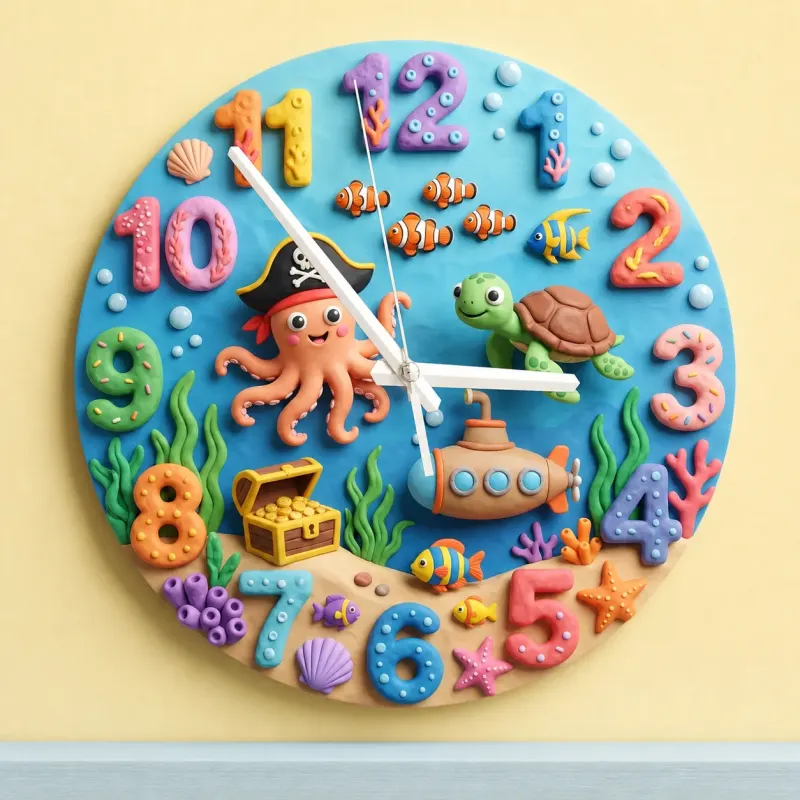 Pirate Octopus Ocean Kids Room Wall Clock | Under The Sea Nursery Decor, Little Boy's Room Birthday Gift & Keepsake (13.6 inch / 34.5 cm)