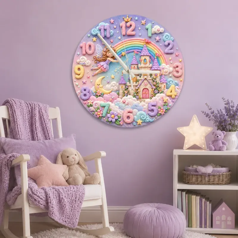 Magical Fairy Tale Castle Kids Room Wall Clock | Pastel Rainbow Nursery Decor, Little Girl Bedroom Birthday Keepsake (13.6 inch / 34.5 cm)