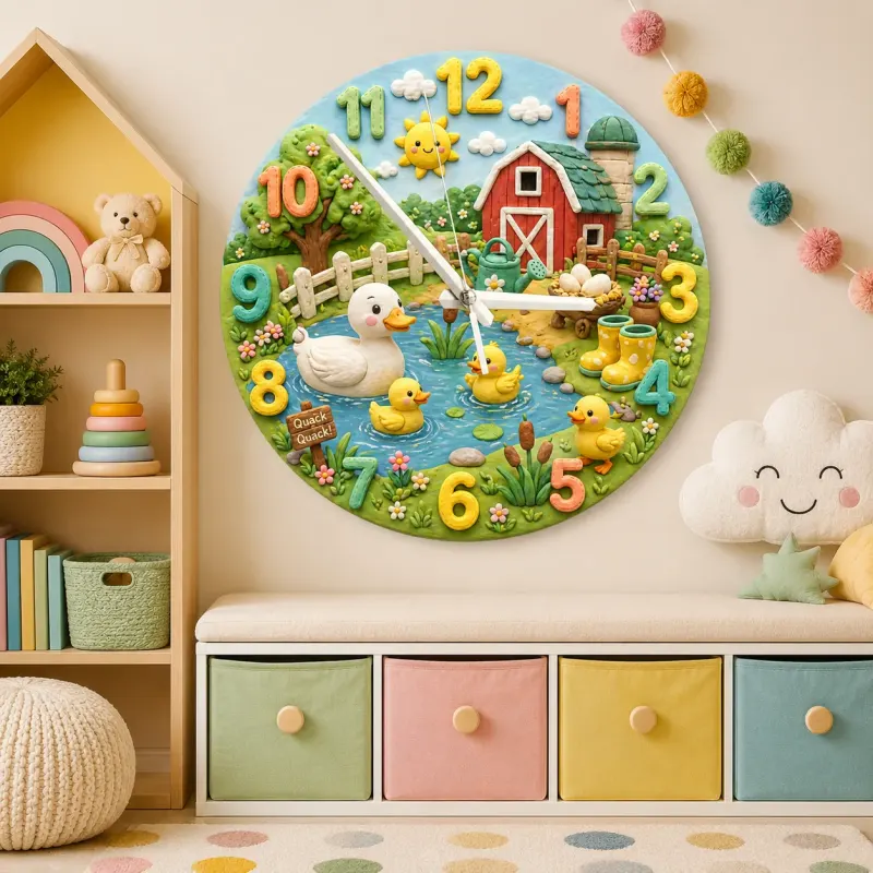 Cute Farmyard Duck Pond Kids Room Wall Clock | Whimsical Red Barn Nursery Decor, Baby Shower Gift For Boys Or Girls (13.6 inch / 34.5 cm)