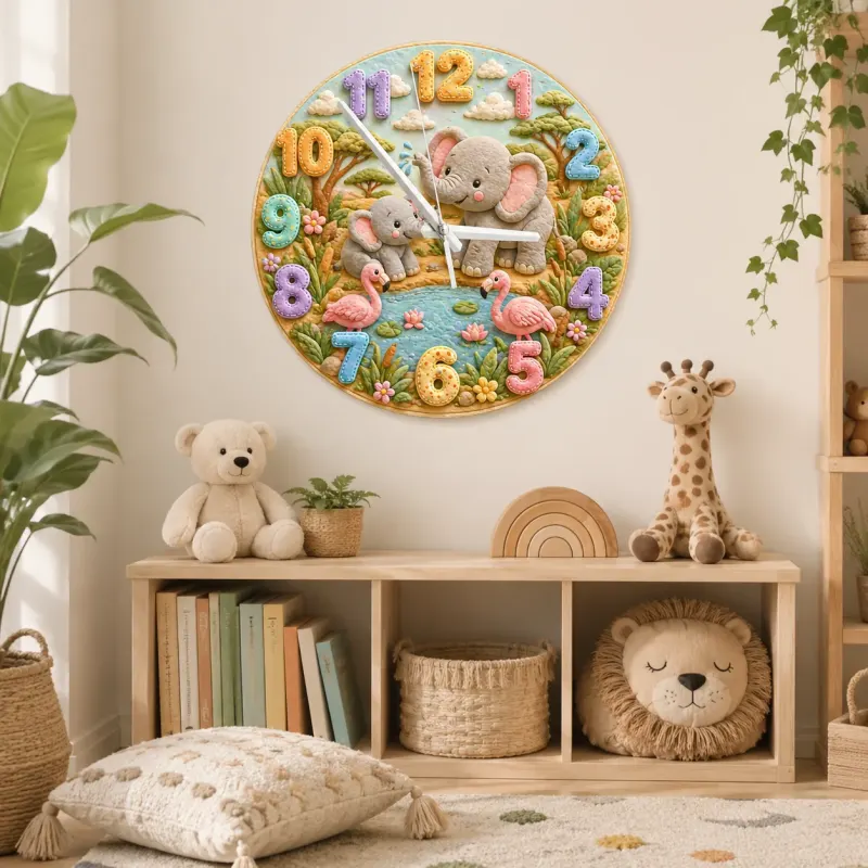 Safari Elephant & Flamingo Kids Room Wall Clock | Pastel Jungle Animal Nursery Decor, Beautiful Baby Shower Keepsake (13.6 inch / 34.5 cm)