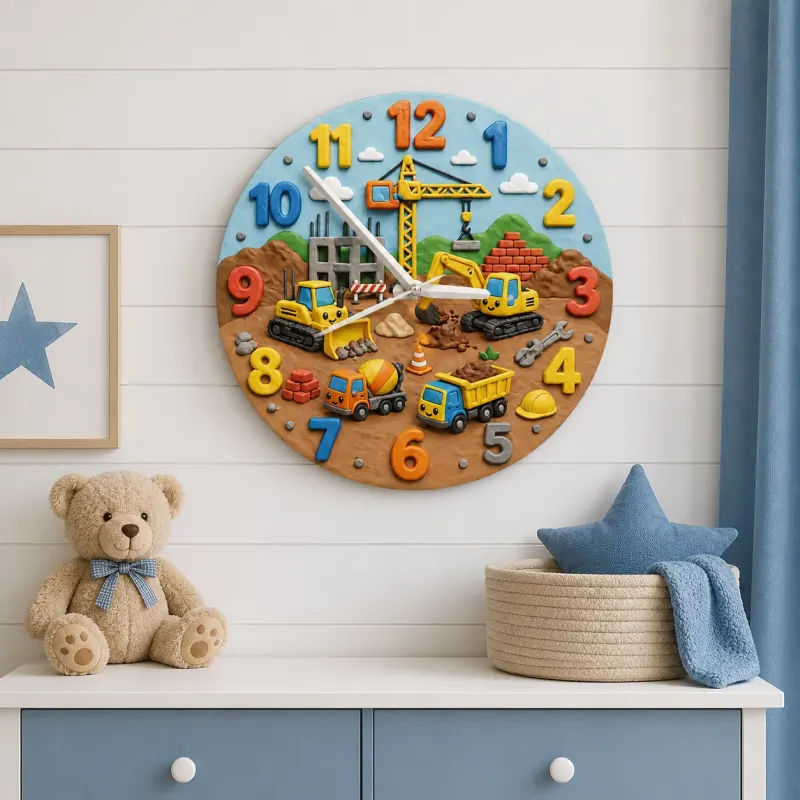 Construction Vehicles Kids Room Wall Clock | Little Boys Bedroom Decor, Playroom Nursery Art & Baby Shower Gift Idea (13.6 inch / 34.5 cm)