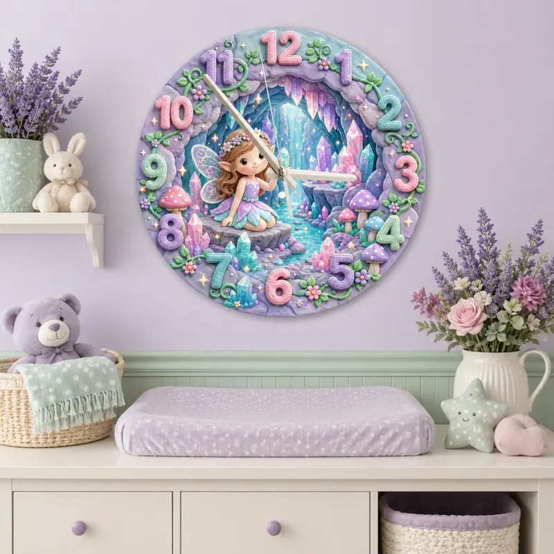 Magical Fairy and Crystal Cave Kids Room Wall Clock | Enchanted Pastel Nursery Decor, Whimsical Girls Room Gift Art (13.6 inch / 34.5 cm)