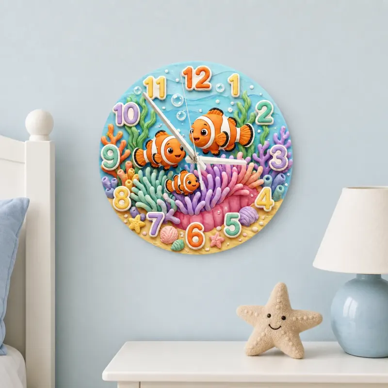 Clownfish Coral Reef Kids Room Wall Clock | Vibrant Underwater Ocean Nursery Decor, Baby Shower Gift For Boy Or Girl (13.6 inch / 34.5 cm)