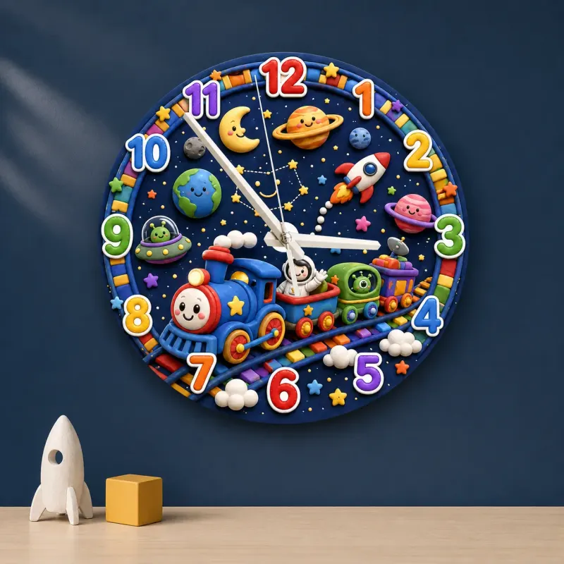 Galaxy Space Train Kids Room Wall Clock | Astronaut Nursery Decor, Little Boy Bedroom Baby Shower & Birthday Gift (13.6 inch / 34.5 cm)