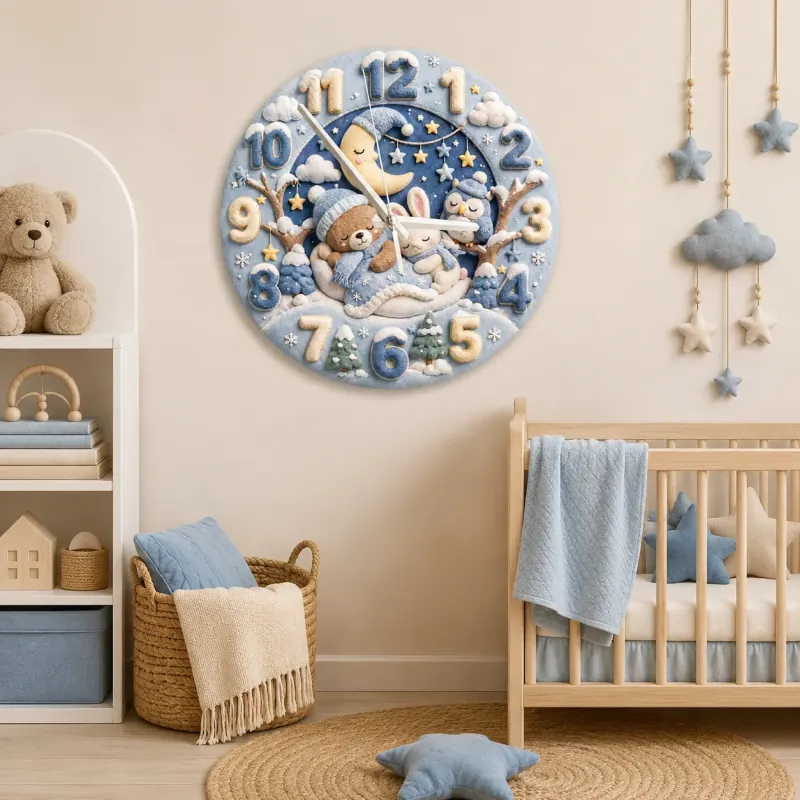 Sleepy Winter Bear & Bunny Kids Room Wall Clock | Blue Night Sky Nursery Decor, Sweet Baby Boy Shower Gift Keepsake (13.6 inch / 34.5 cm)