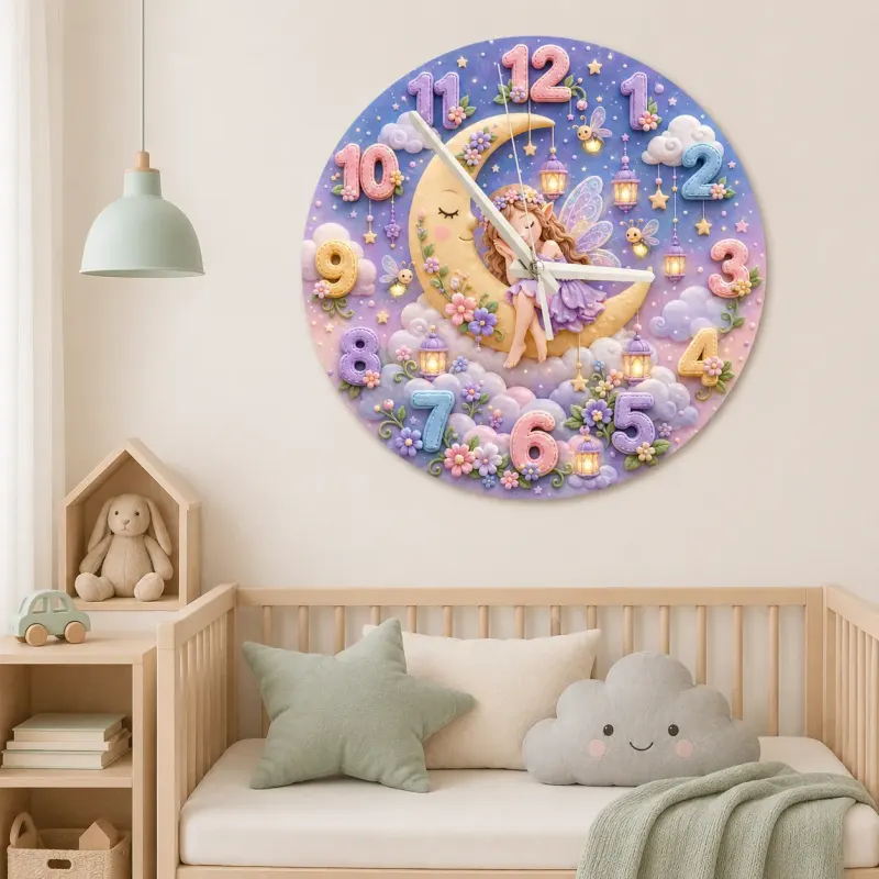 Sleeping Fairy Moon Kids Room Wall Clock | Magical Pastel Cloud Nursery Decor, Baby Girl Room Birthday Keepsake Gift (13.6 inch / 34.5 cm)