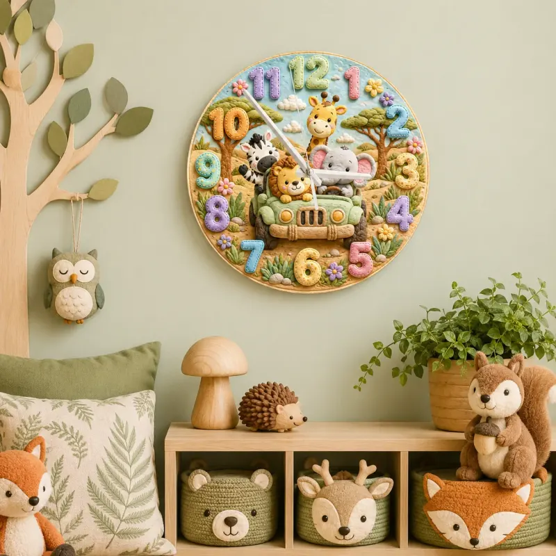 Safari Animal Jeep Kids Room Wall Clock | Jungle Nursery Decor, Safari Playroom Art, Baby Boy Shower Gift Keepsake (13.6 inch / 34.5 cm)