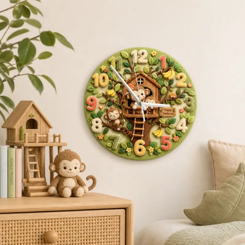 Happy Monkey Treehouse Kids Room Wall Clock | Safari Jungle Nursery Decor, Baby Boy Shower Gift & Wood Playroom Art (13.6 inch / 34.5 cm)