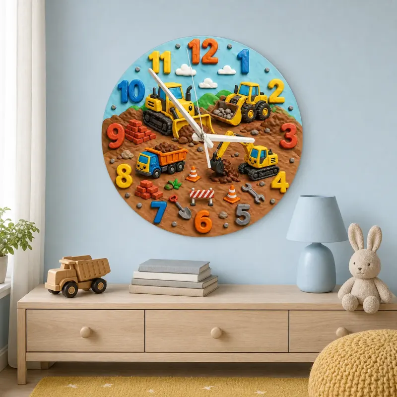 Construction Vehicles Kids Room Wall Clock | Playful Boys Bedroom Nursery Decor, Little Builder Birthday Gift Idea (13.6 inch / 34.5 cm)
