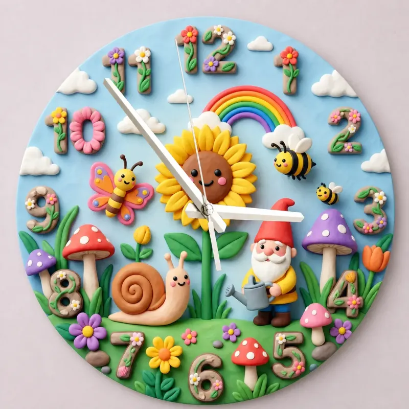 Whimsical Garden Gnome Kids Room Wall Clock | Snail And Sunflower Nursery Decor, Baby Girl Shower Keepsake Present (13.6 inch / 34.5 cm)