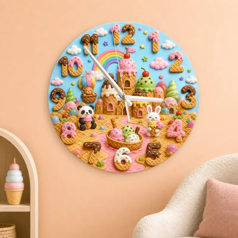 Panda Bunny Candy Castle Kids Room Wall Clock | Rainbow Nursery Decor, Sweet Baby Shower Gift (13.6 inch / 34.5 cm)