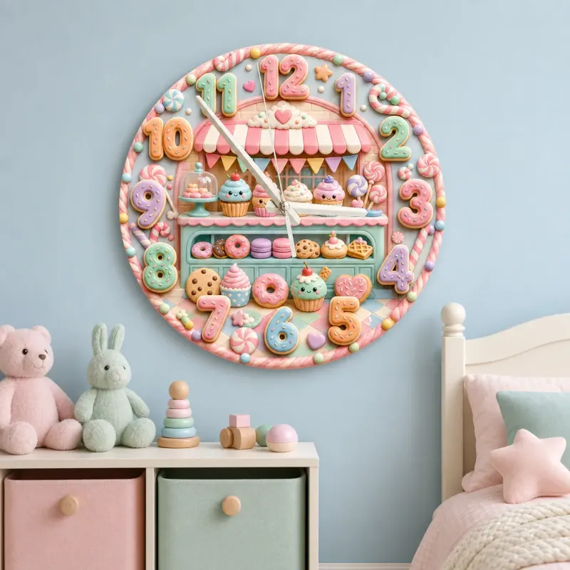 Pastel Bakery Dessert Kids Room Wall Clock | Sweet Shop Nursery Decor, Cute Birthday Gift For Girls (13.6 inch / 34.5 cm)
