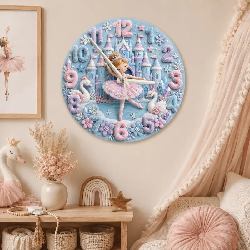 Winter Princess Ballerina Kids Room Wall Clock | Fairy Tale Castle Nursery Decor, Swan Theme Gift For Little Girls (13.6 inch / 34.5 cm)
