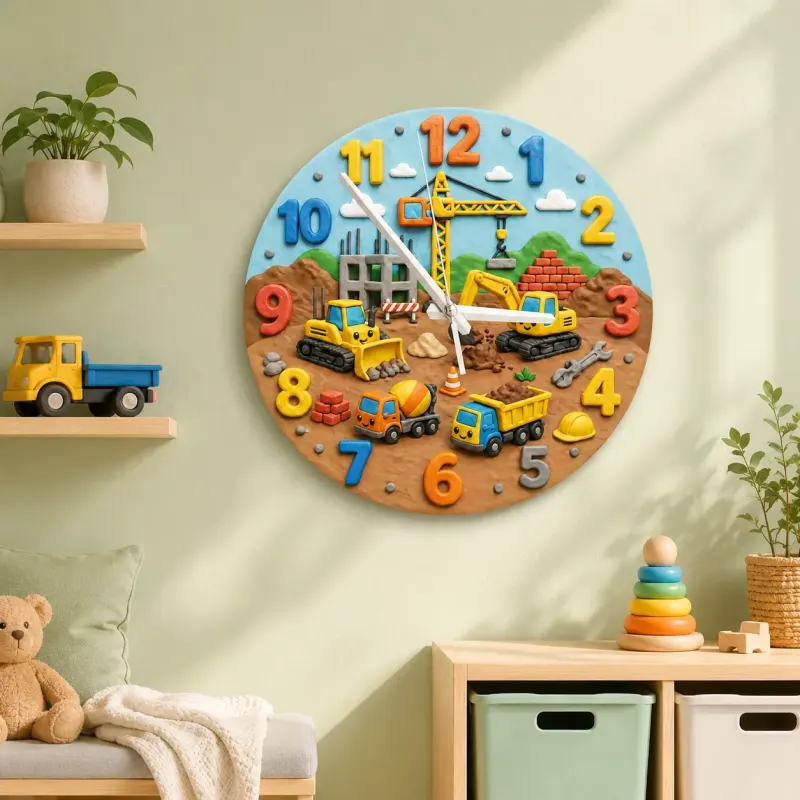 Construction Vehicles Kids Room Wall Clock | Little Boys Bedroom Decor, Playroom Nursery Art & Baby Shower Gift Idea (13.6 inch / 34.5 cm)